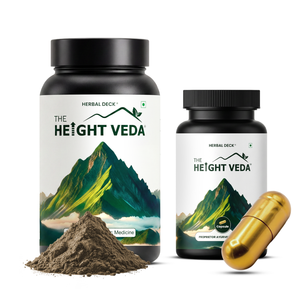 Bottle of Height Veda powder and capsules, a dietary supplement product.